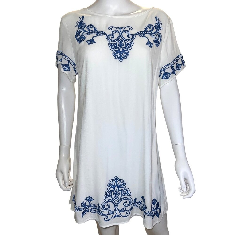 Lulus Dress Womens XL White Blue Embroidered Short Sleeve A-Line Back Zip